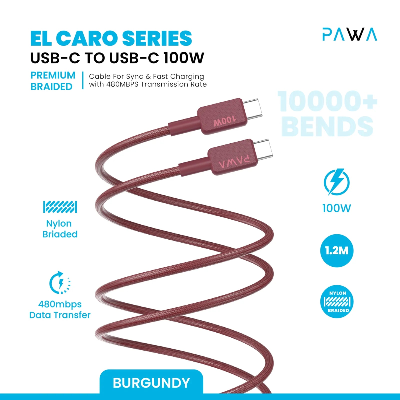 Pawa El-Caro Premium Braided Cable USB-C To USB-C 100W 1.2M - Burgandy