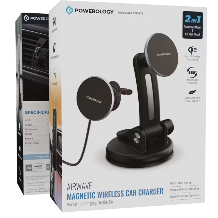 Powerology Airwave Magnetic Wireless Car Charger Gray