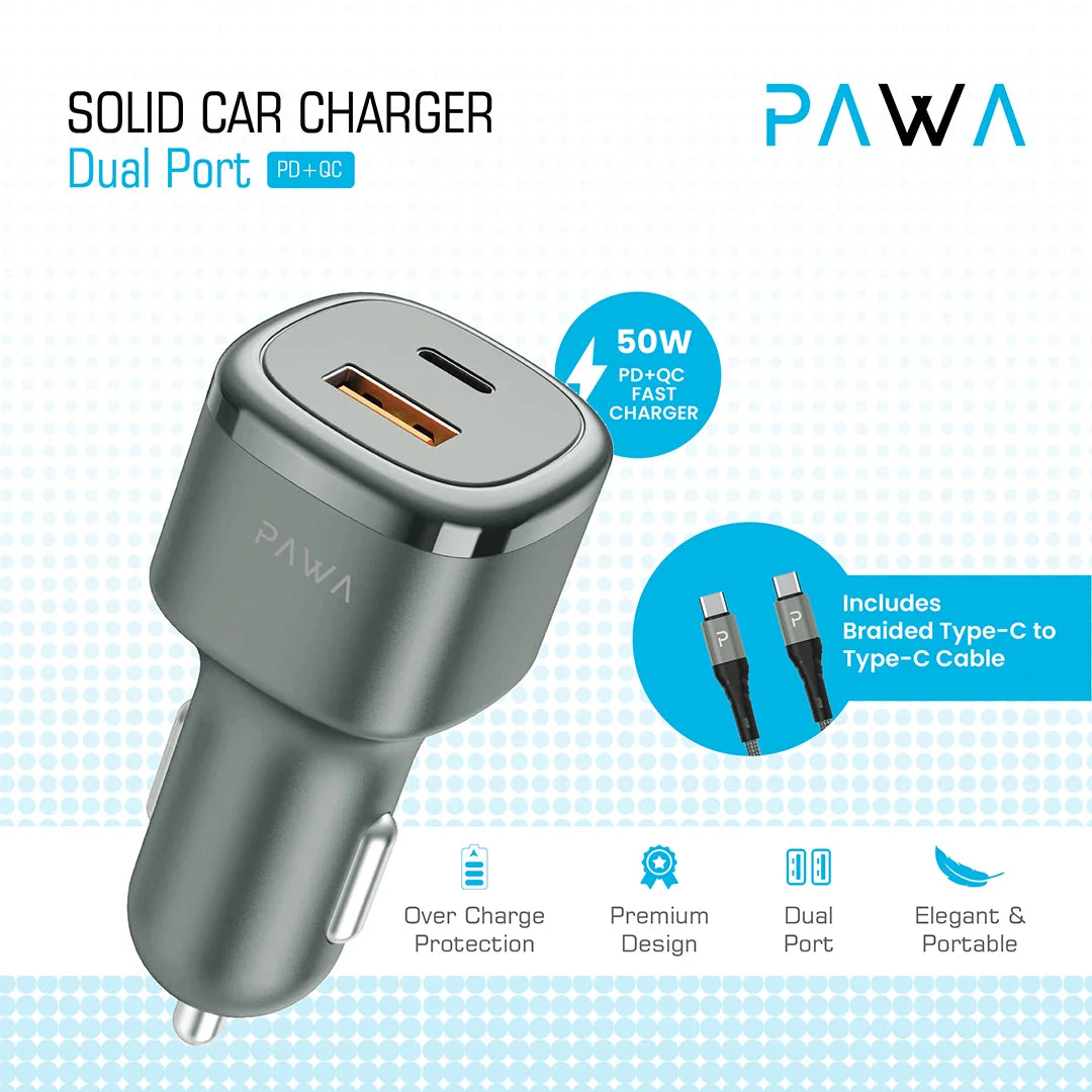 Pawa Solid Car Charger With PD+QC Port 50W