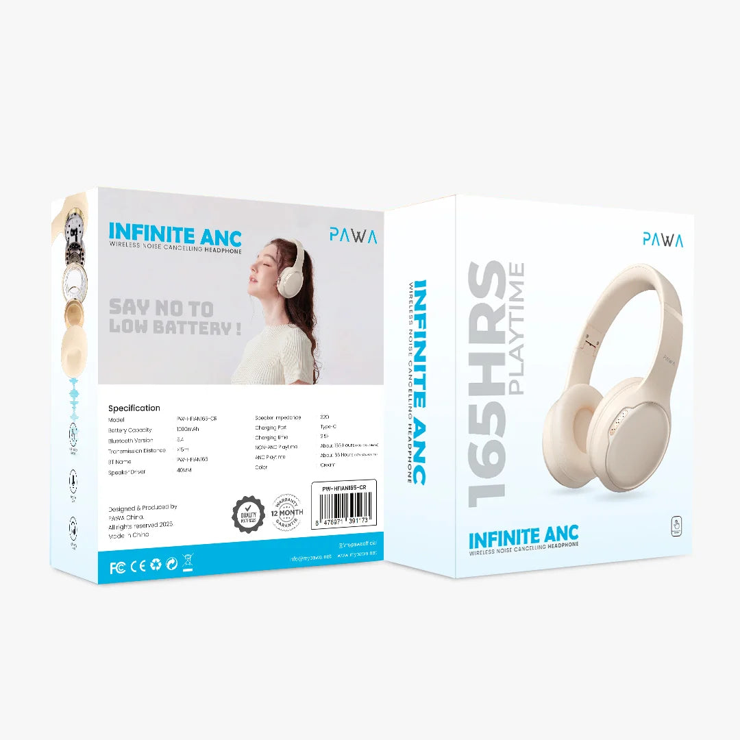 Pawa Infinite ANC Over-Ear Headphone with 165 Hours Playtime - Cream