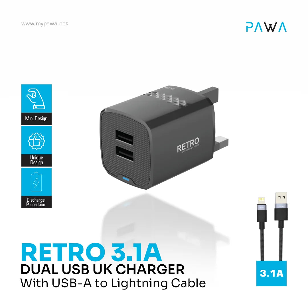 Pawa Retro 3.1A Dual Usb Travel Adapter With Uk Plug With Lightning Cable - Black