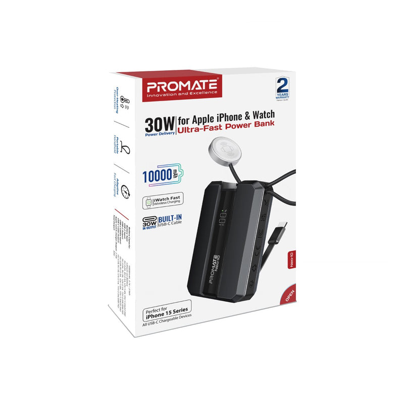 Promate 10000mAh 30W Power Bank with Built-In USB-C & Apple Watch Charger - Black - TJRPHXS