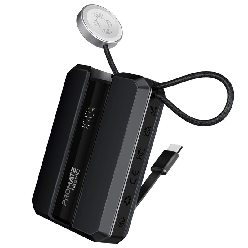 Promate 10000mAh 30W Power Bank with Built-In USB-C & Apple Watch Charger - Black - TJRPHXS