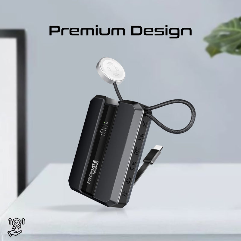 Promate 10000mAh 30W Power Bank with Built-In USB-C & Apple Watch Charger - Black - TJRPHXS