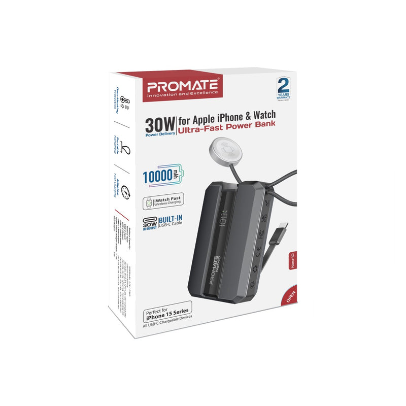 Promate 10000mAh 30W Power Bank with Built-In USB-C & Apple Watch Charger - Gray - TJRPIS7