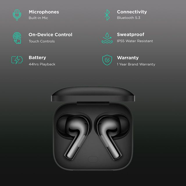 سماعات OnePlus Buds 3 اللاسلكية مع إلغاء الضوضاء التكيفي باللون الرمادي المعدني 