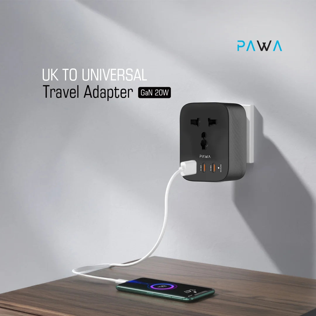 Pawa UK to UNIVERSAL Travel Adapter GAN 20W - GaN Technology - Black