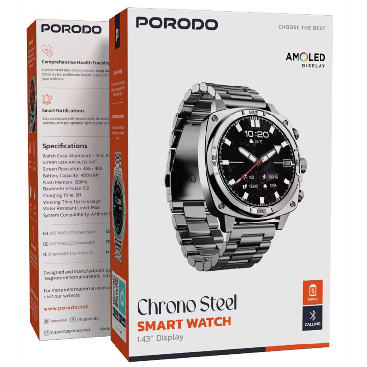 Porodo Chrono Steel Smart Watch -Silver