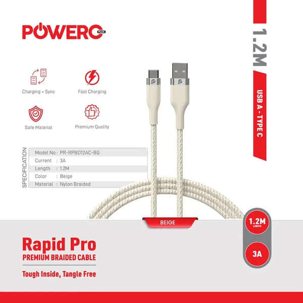 PowerO+ Rapid pro braided cable USB-A TO TYPE-C -1.2M -BG