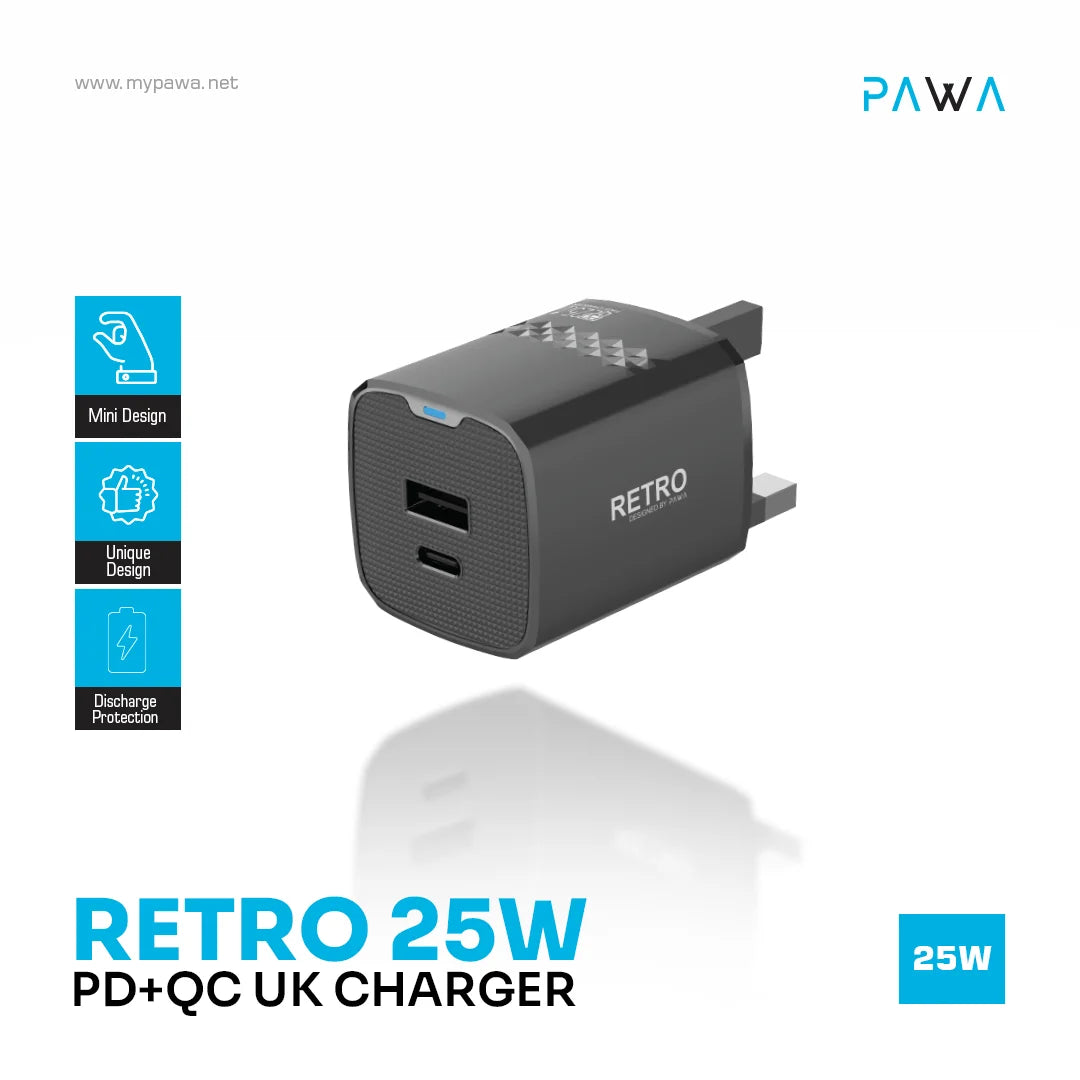 Pawa Retro 25W With PD+QC Port Uk Plug - Black
