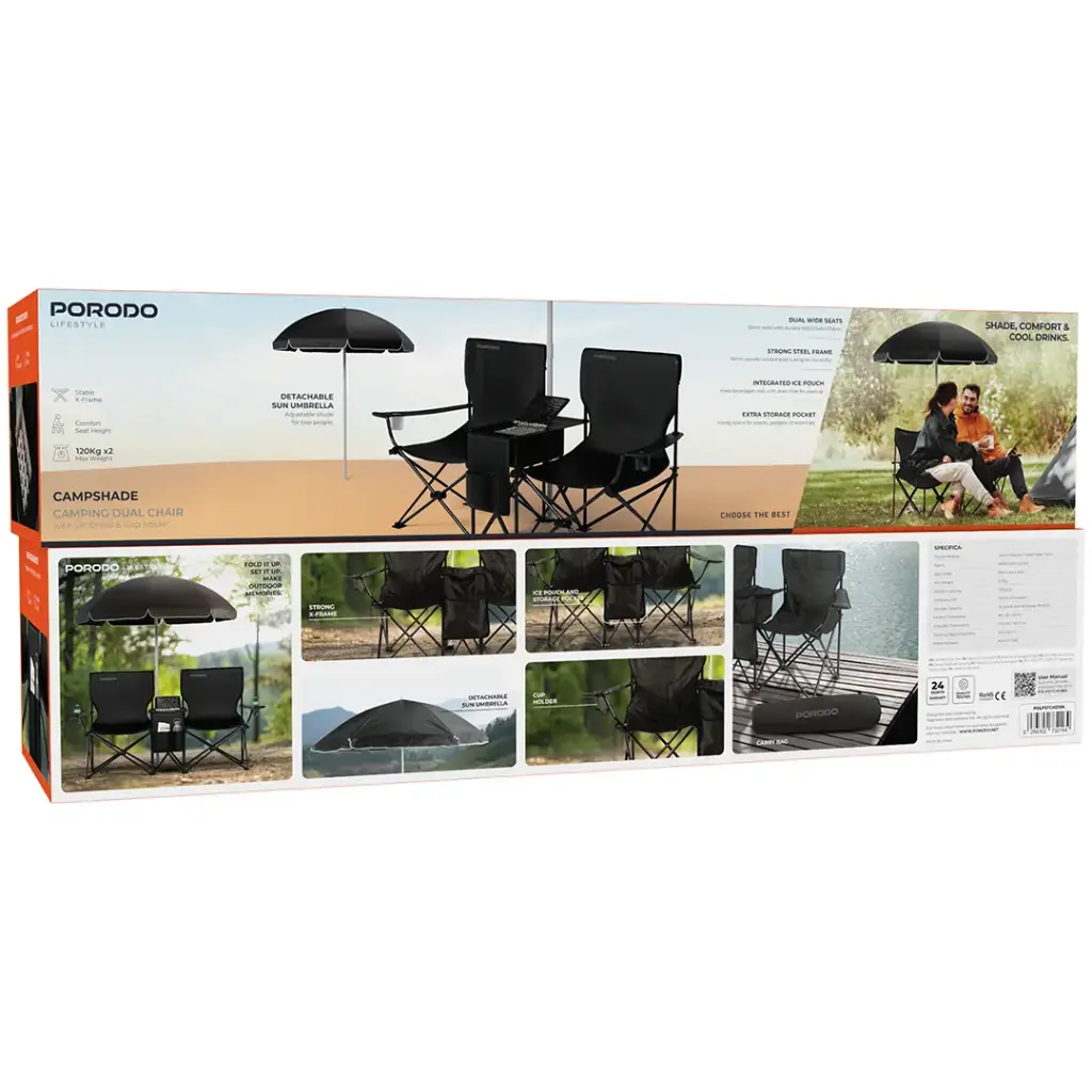 Porodo Lifestyle Campshade Camping Dual Chair -Black