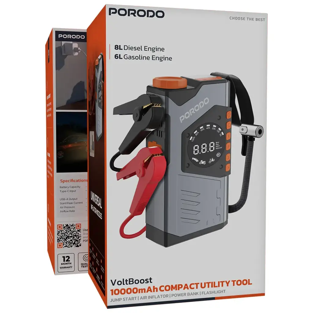 Porodo Voltboost 10000Mah Compact Utility Tool - Gray (9904907010784)