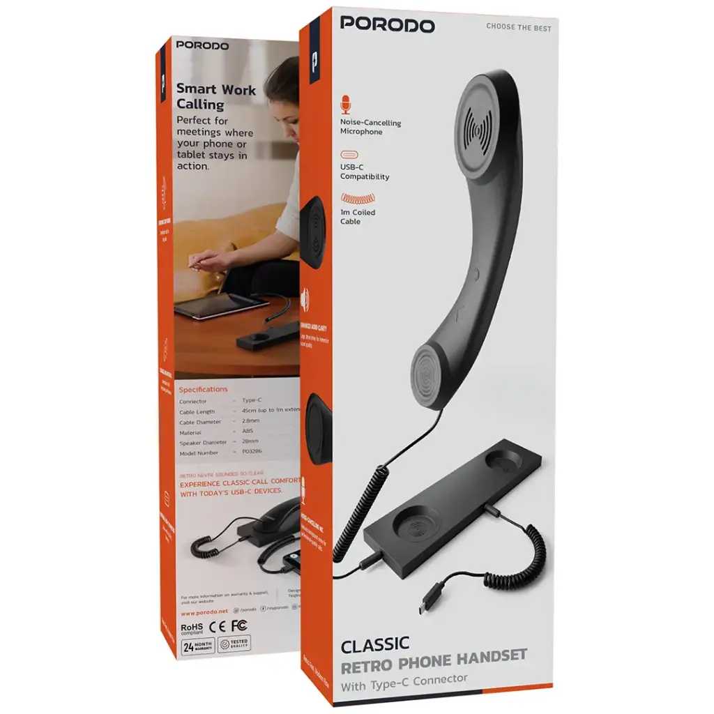 Porodo Classic Type-C Phone Handset W/Noise Cancelling W/Stand - Black