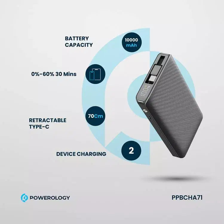 Powerology 10000Mah Retractable Cable Power Bank Black