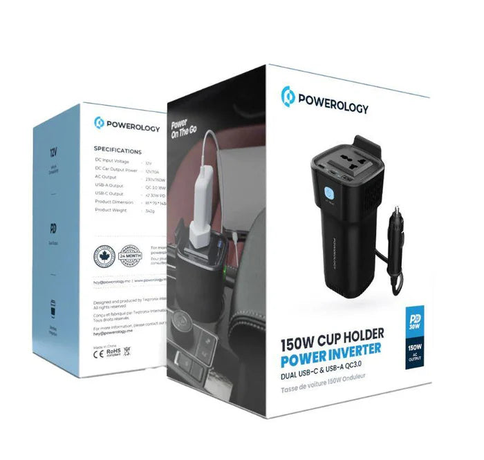 Powerology 150W Cup Holder Power Inverter Dual Usb-C & Usb-A Qc3.0 Black