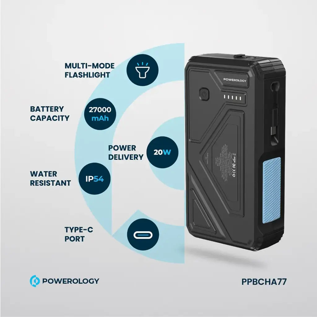 Powerology 27000 mAh Pb with LED Retract C Cable  - 15W Wireless Charger