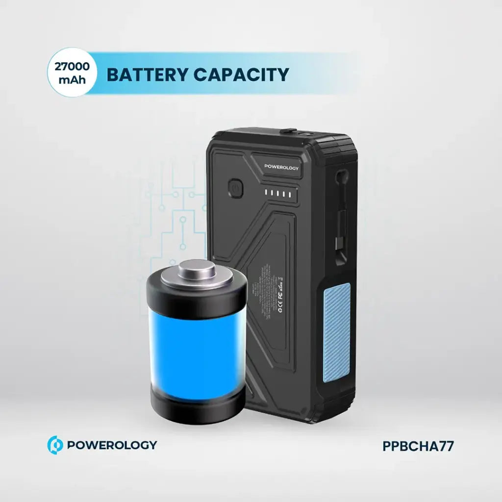 Powerology 27000 mAh Pb with LED Retract C Cable  - 15W Wireless Charger