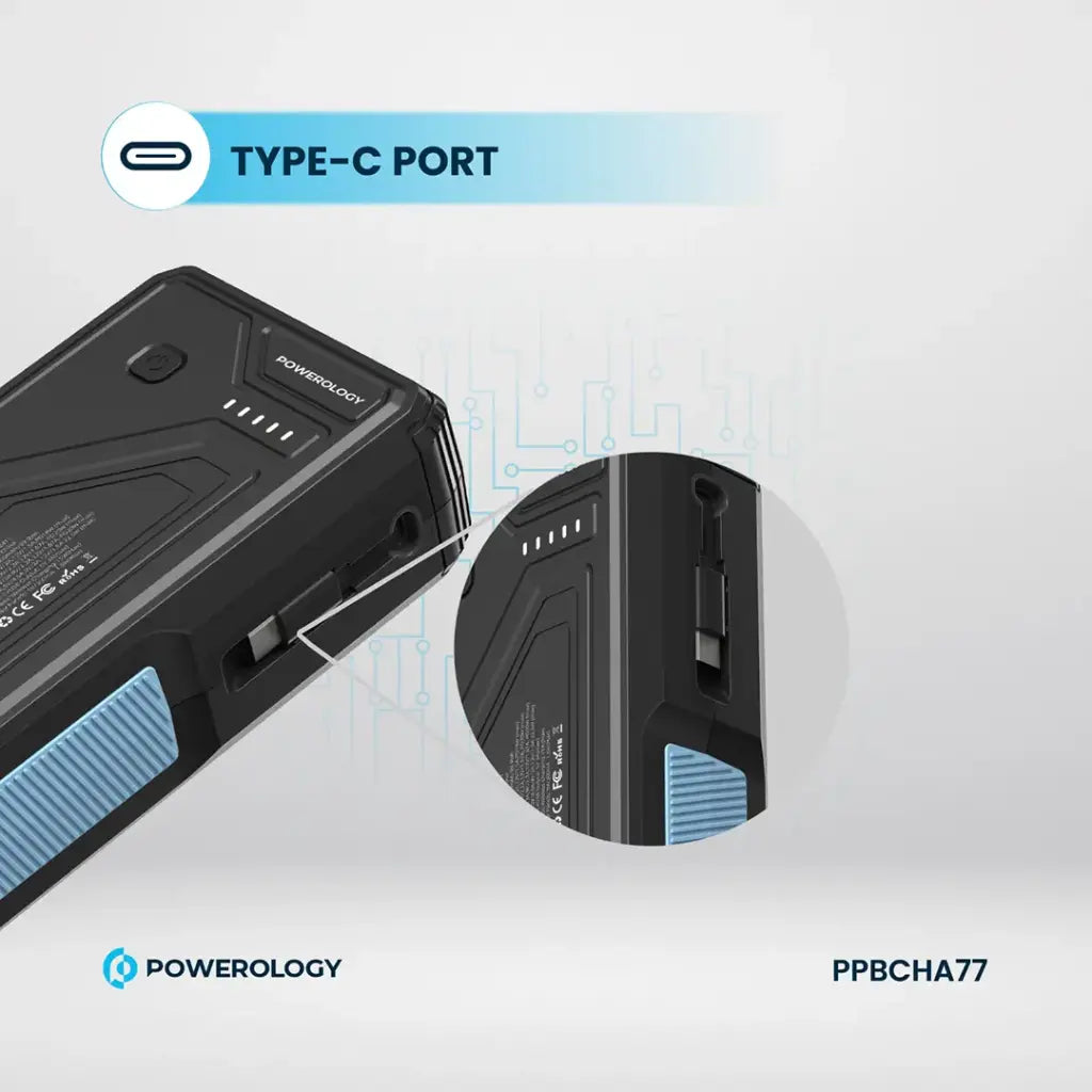 Powerology 27000 mAh Pb with LED Retract C Cable  - 15W Wireless Charger