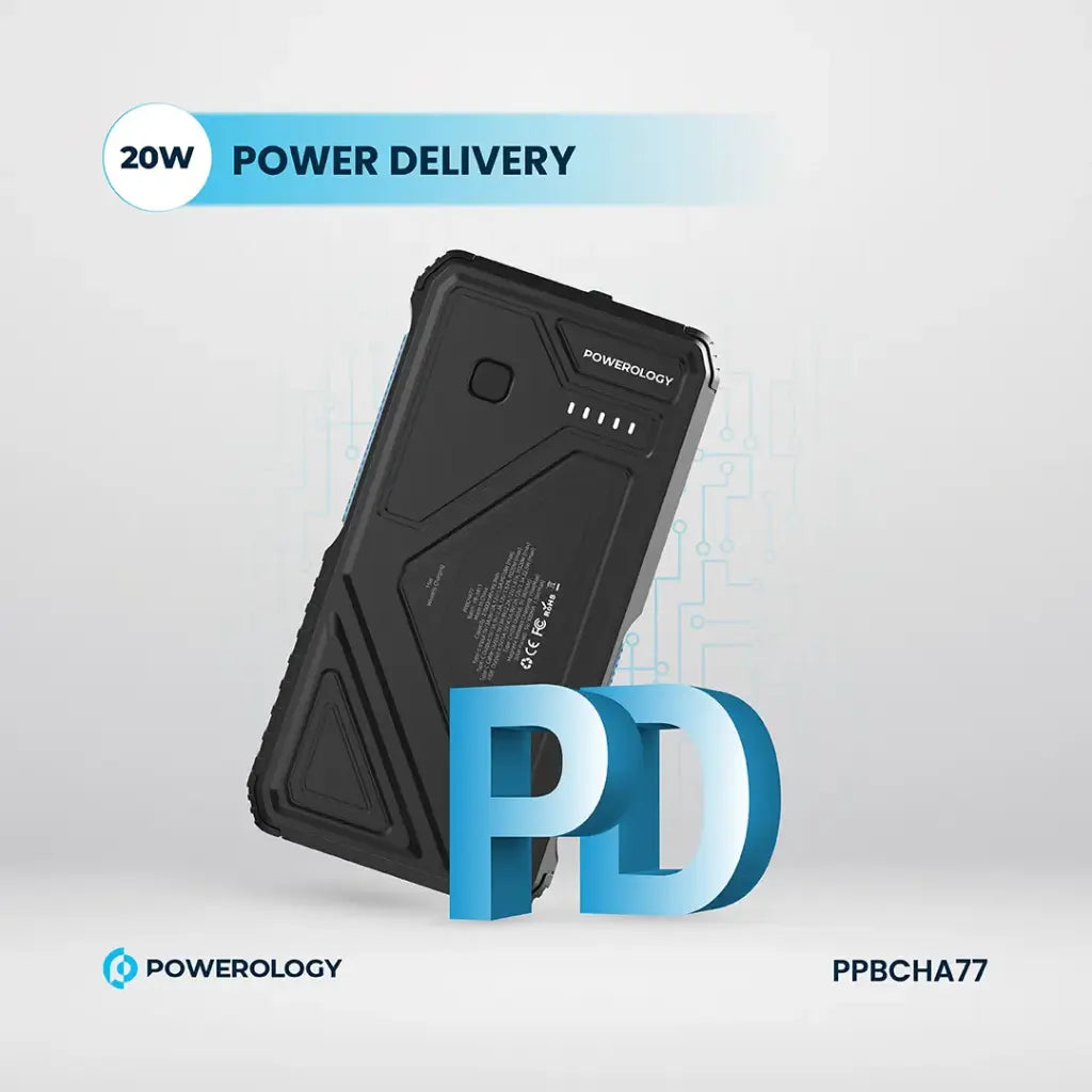 Powerology 27000 mAh Pb with LED Retract C Cable  - 15W Wireless Charger