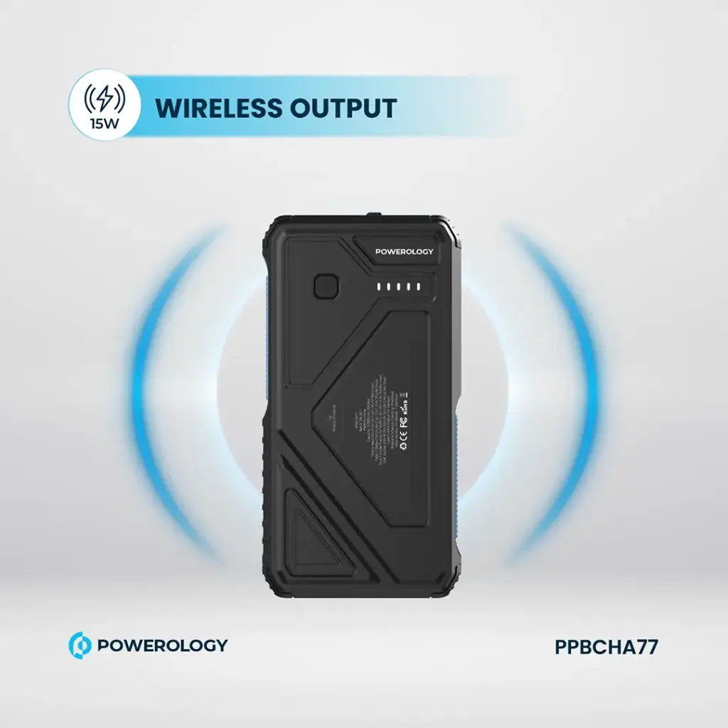 Powerology 27000 mAh Pb with LED Retract C Cable  - 15W Wireless Charger