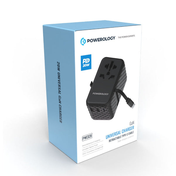 Powerology GaN Universal Charger Retractable Type-C Cable - 20W / Black
