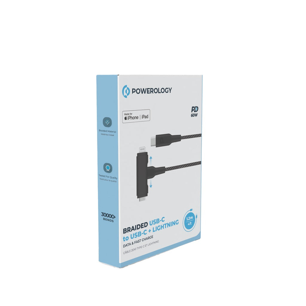 Powerology Braided Usb-C To Usb-C + Lightning Data & Fast Charge 1.2M/4Ft Black