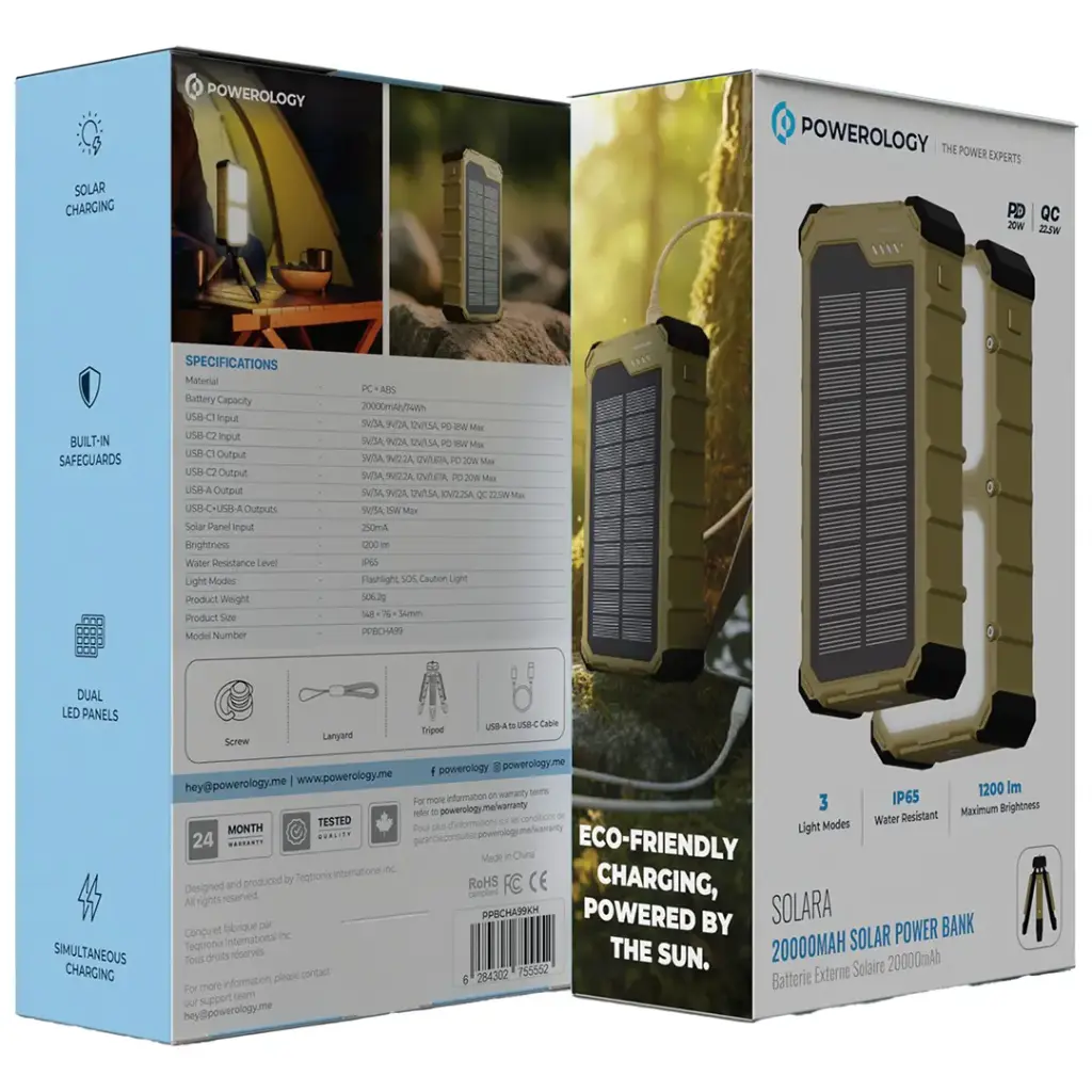 Powerology Solara with Dual LED Solar Power Bank 20000 mAh - Khaki