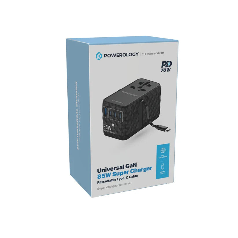 Powerology Universal Gan 85W Super Charger Retractable Type-C Cable Black