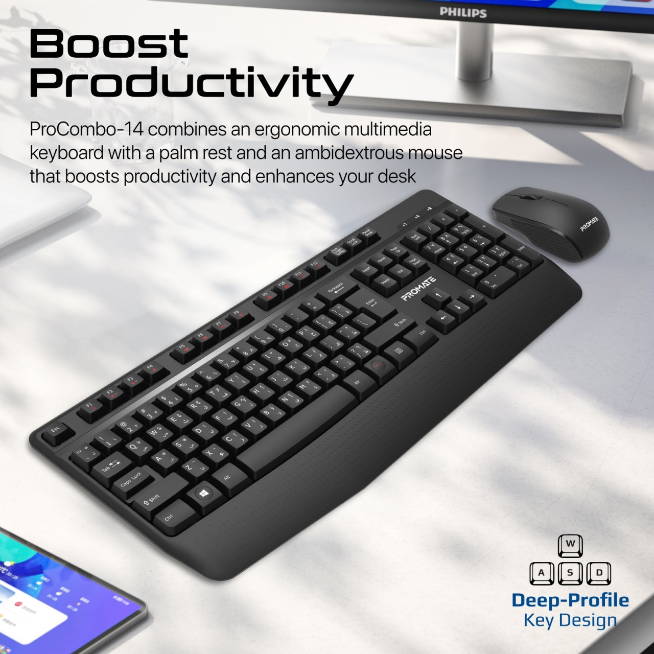 Promate ProCombo-14 English/Arabic Wireless Keyboard & Mouse Combo - Black - TJRLHVT