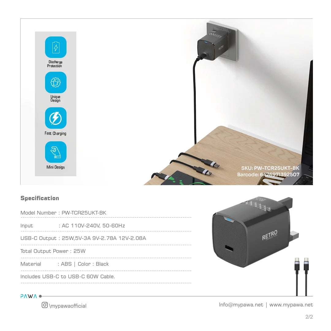 Pawa Retro 25W With Type-C Port Uk Plug With Type-C To Type-C Cable - Black