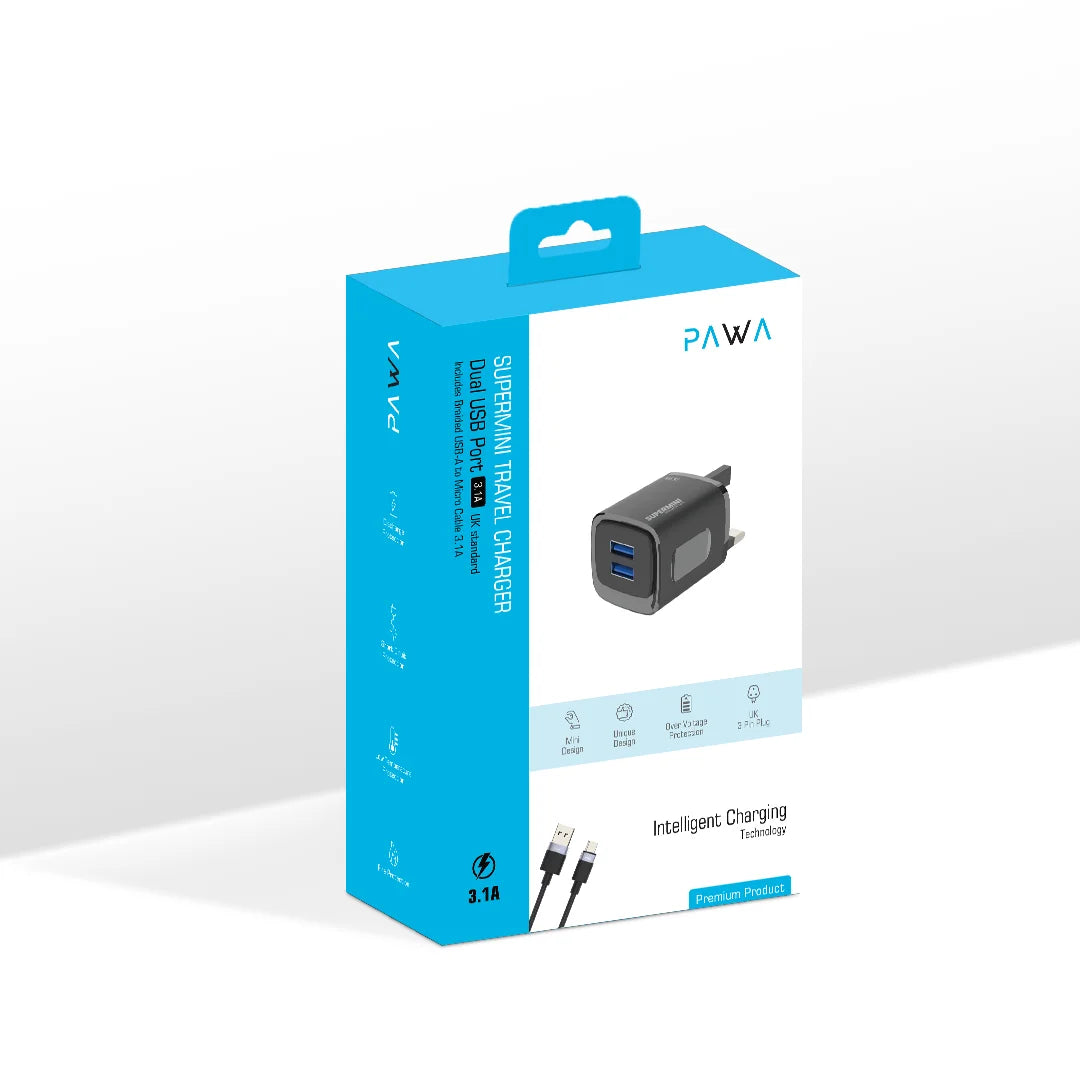 Pawa Supermini Travel Charger Dual Usb 3.1A UK Standard With Braided Micro Cable - Black