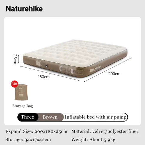 Naturehike (Chenjing) Built-In Pump Inflatable Mattress - Brown Triple (200*180*25)