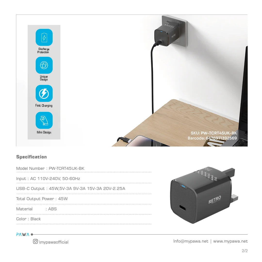 Pawa Retro 45W With Type-C Port Uk Plug - Black
