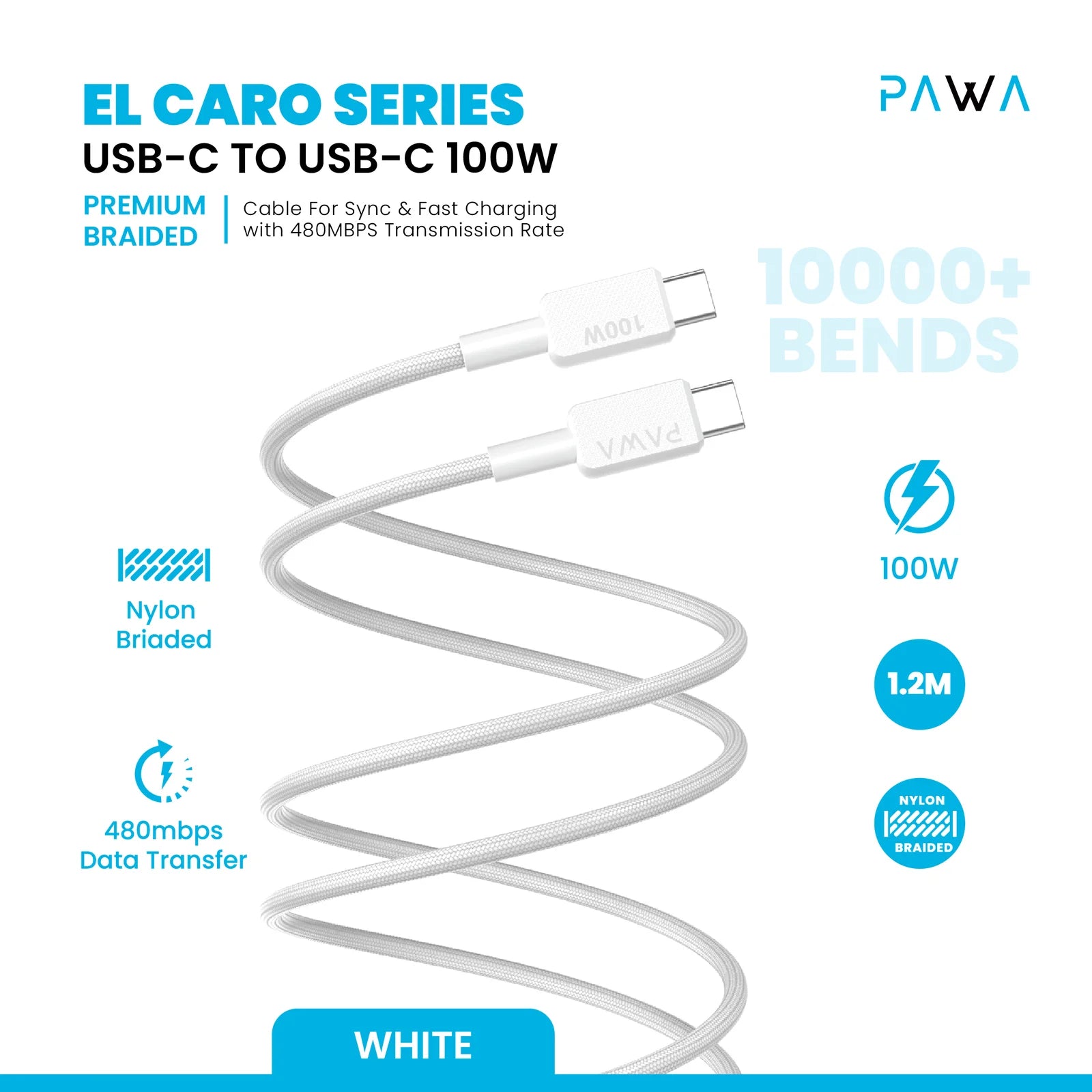 Pawa El-Caro Premium Braided Cable USB-C To USB-C 100W 1.2M - White