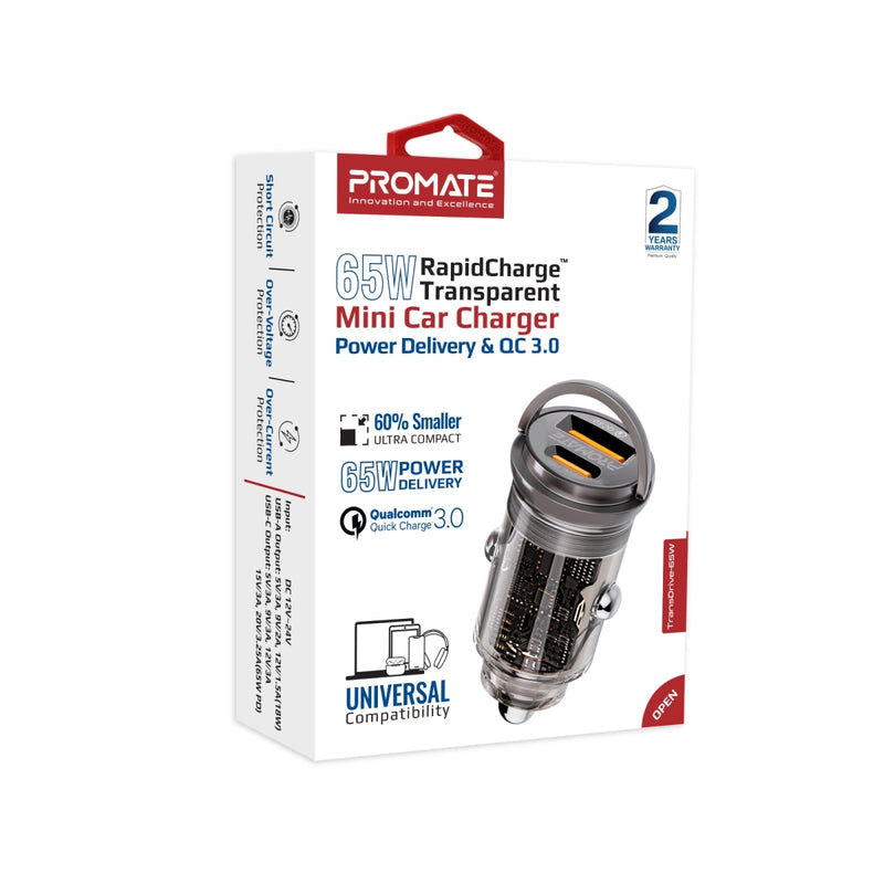 Promate Transparent Quick Charging Dual Port Mini Car Charger - Black - TJRLPAM