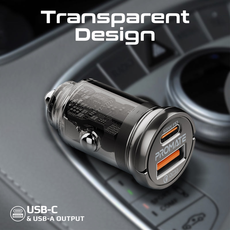 Promate Transparent Quick Charging Dual Port Mini Car Charger - Black - TJRLPAM