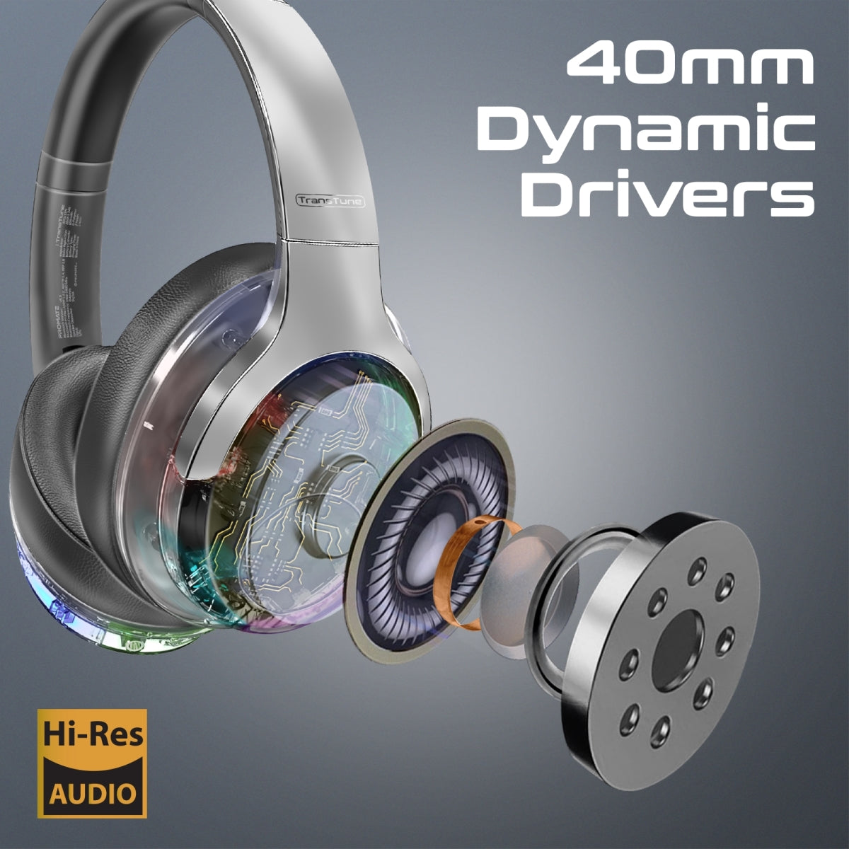 ANC Hi-Fi Stereo Wireless Headphones with RGB Lights - Silver