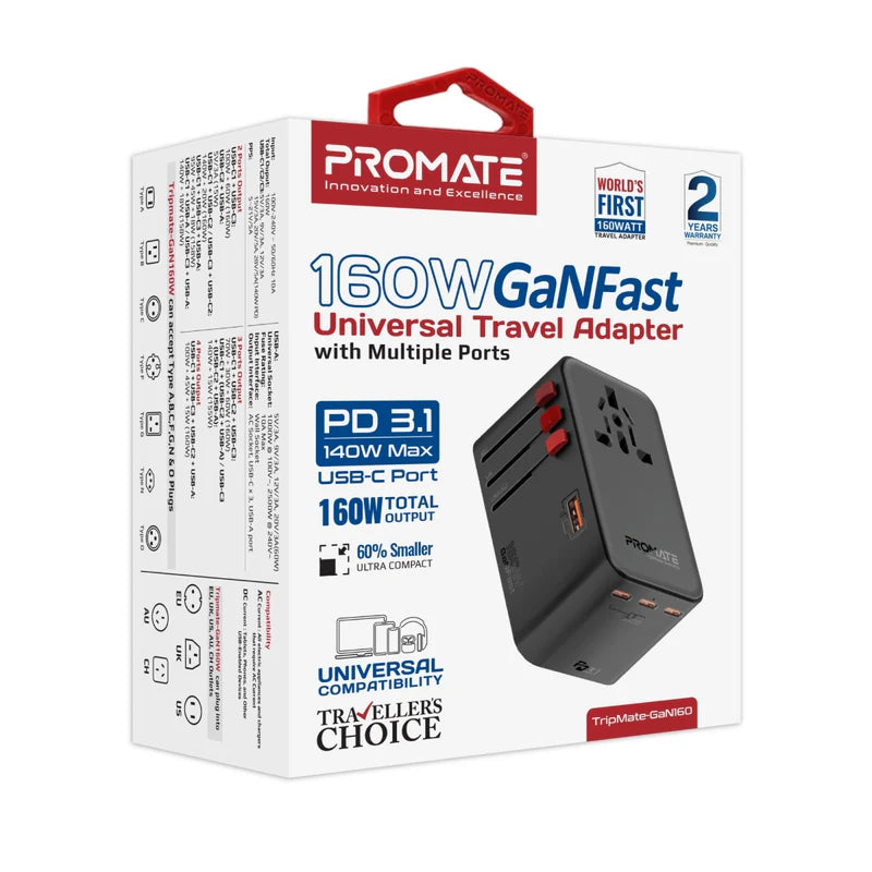 Promate 160W GaNFast™ Travel Adapter with Multiple Power Delivery  Ports