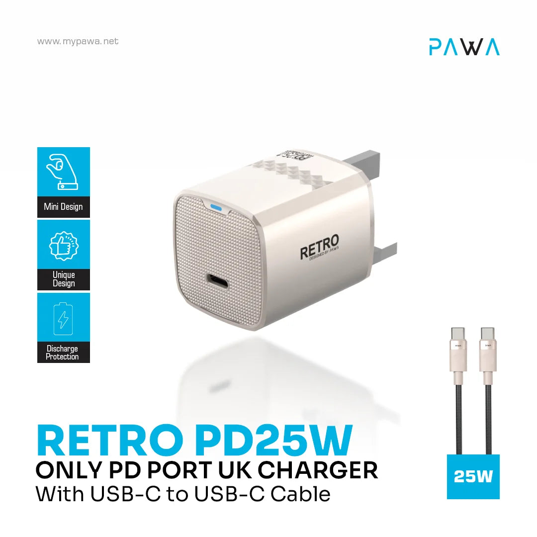Pawa Retro 25W With Type-C Port Uk Plug With Type-C To Type-C Cable - Titanium
