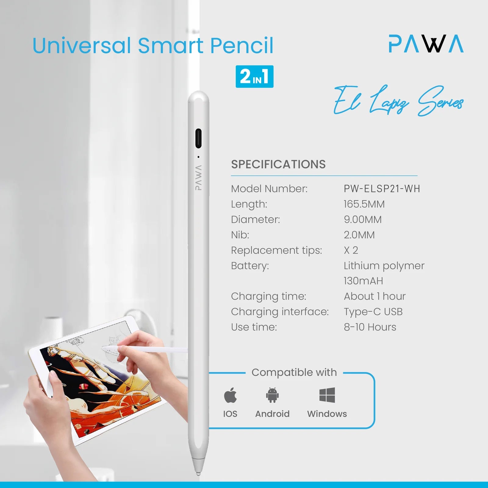 Pawa El Lapiz Series 2 in 1 Universal Smart Pencil With Palm Rejection - White