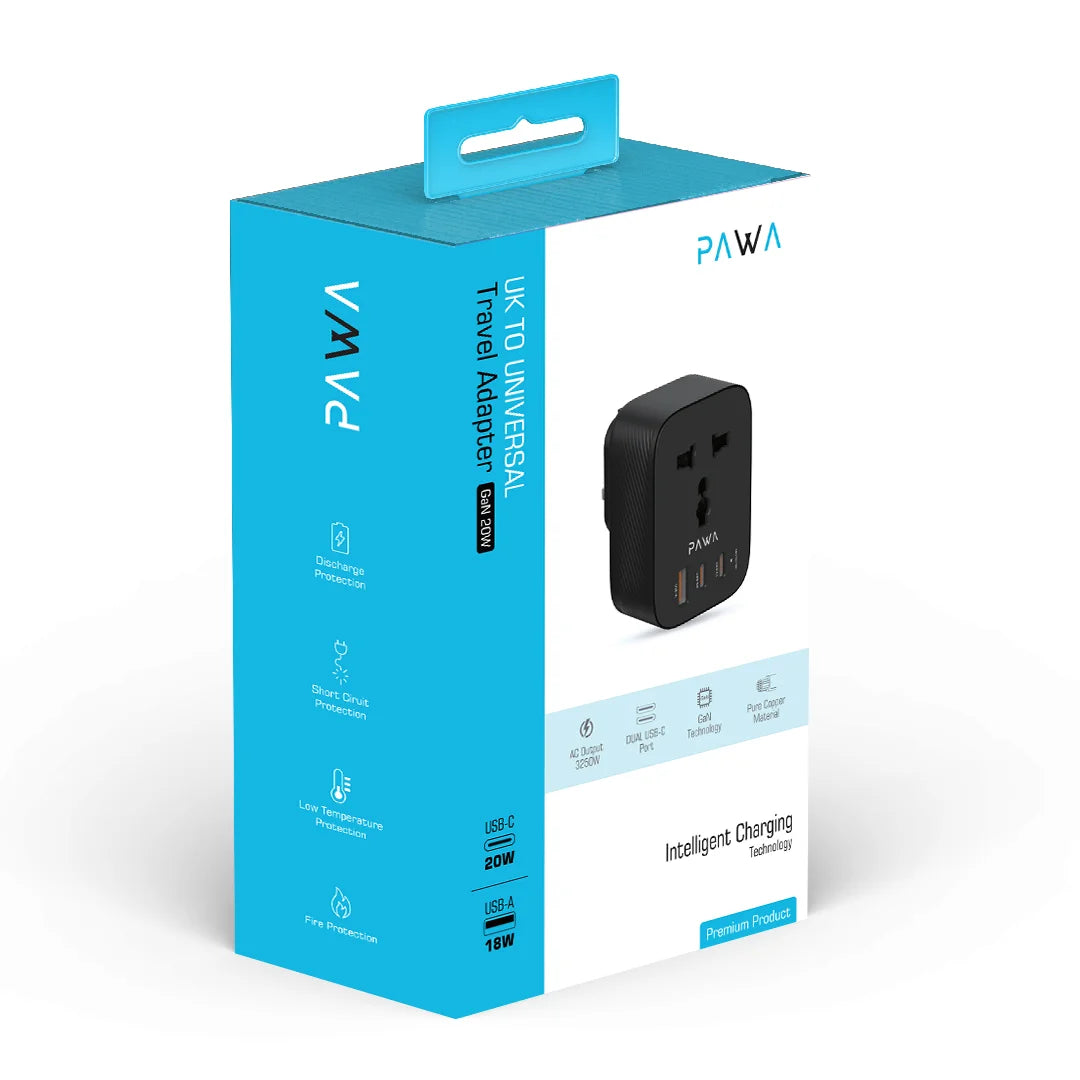 Pawa UK to UNIVERSAL Travel Adapter GAN 20W - GaN Technology - Black