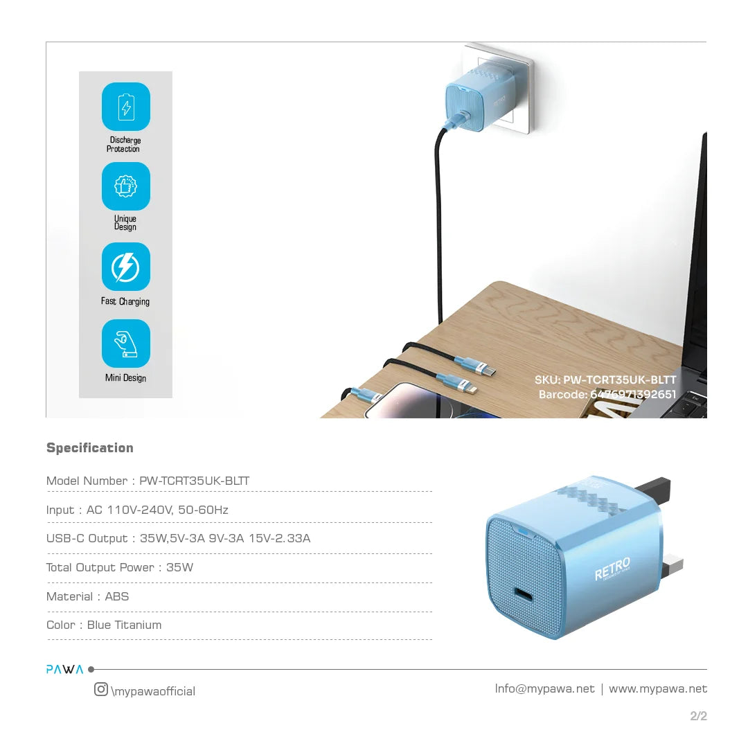 Pawa Retro 35W With Type-C Port Uk Plug - Blue
