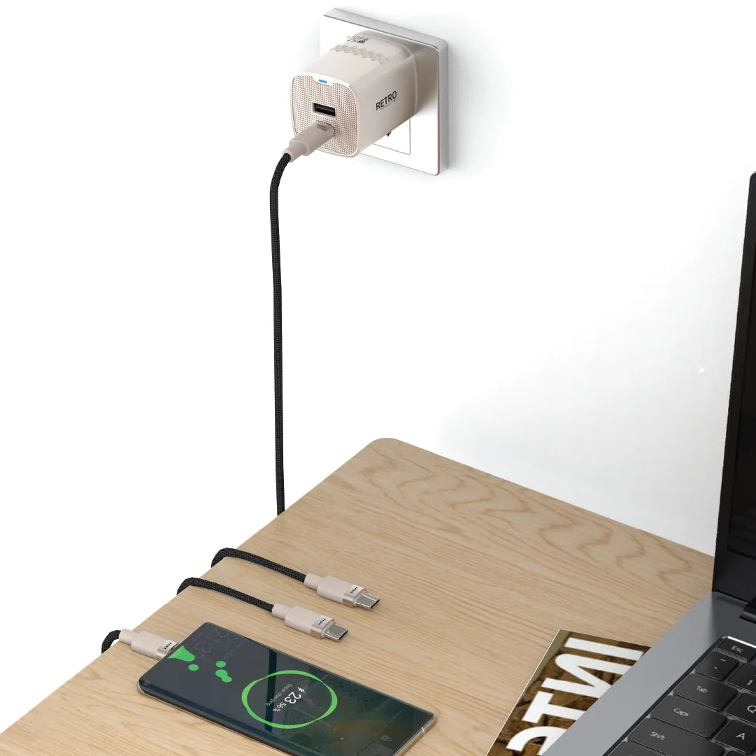 Pawa Retro 25W With PD+QC Port Uk Plug With Type-C To Type-C Cable - Titanium