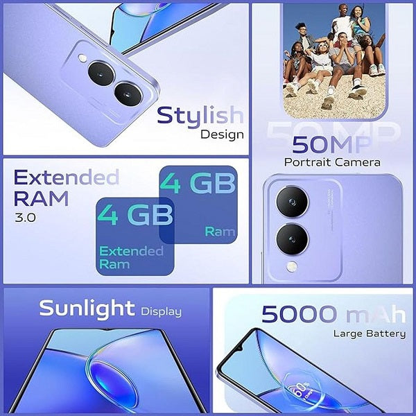 vivo Y17S 8GB ( 4+4 GB) | 128 GB | 50 MP Camera | 5000 mAh Glitter Purple-R4JN