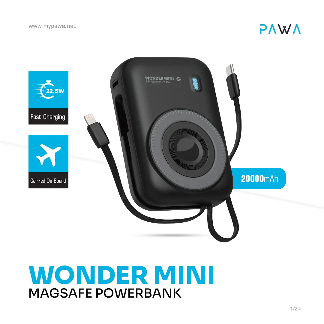 Pawa WonderMini Magsafe Powerbank 22.5W With Built-Charging USB-C-Lightning Cable