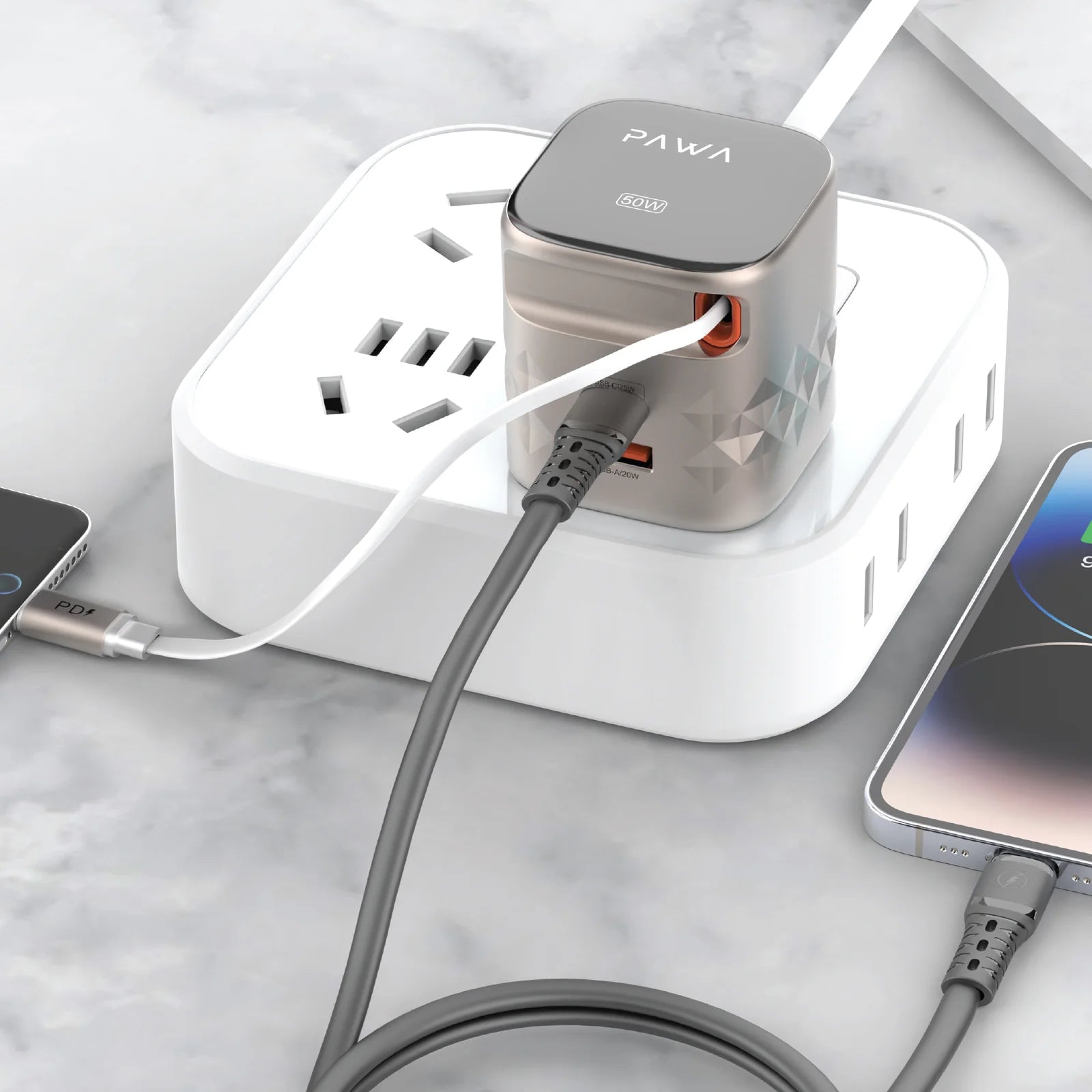 Pawa Retro 50W UK Charger With Retractable Cable - Titanium