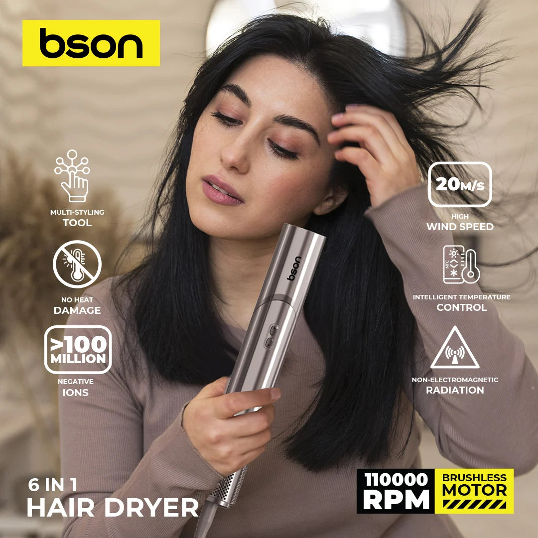 Bson 6-in-1 Professional Hair Dryer & Styler – محرك Brushless بسرعة 110,000 دورة في الدقيقة 