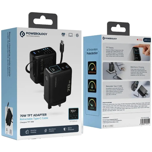 Powerology 70W TFT Adapter Retractable Type-C Cable - Black
