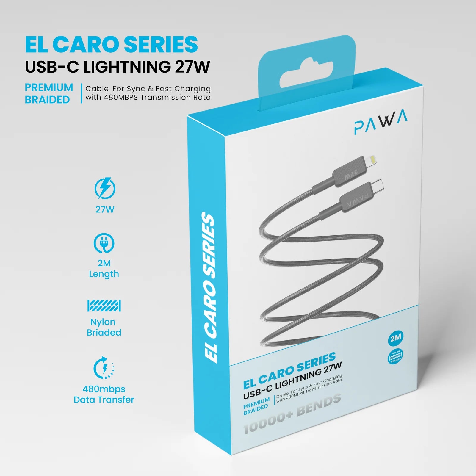 Pawa El-Caro Premium Braided Cable USB-C To Lightning 27W 2M - Grey