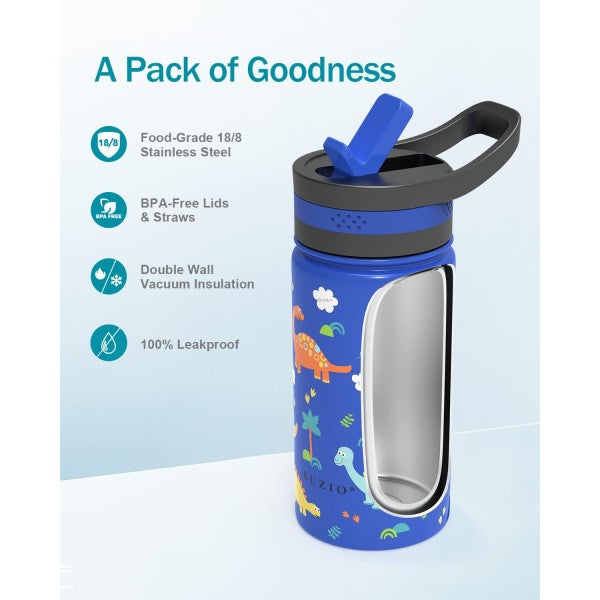 Buzio Kids Bottle with Straw Lid and Sleeve 500ML - Dinosaur